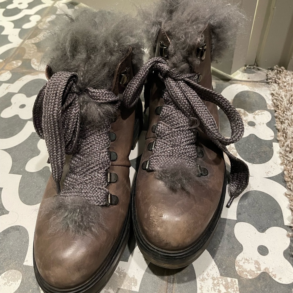 AGO brown ish grey leather boots with grey fur and sliced sparkle laces.
